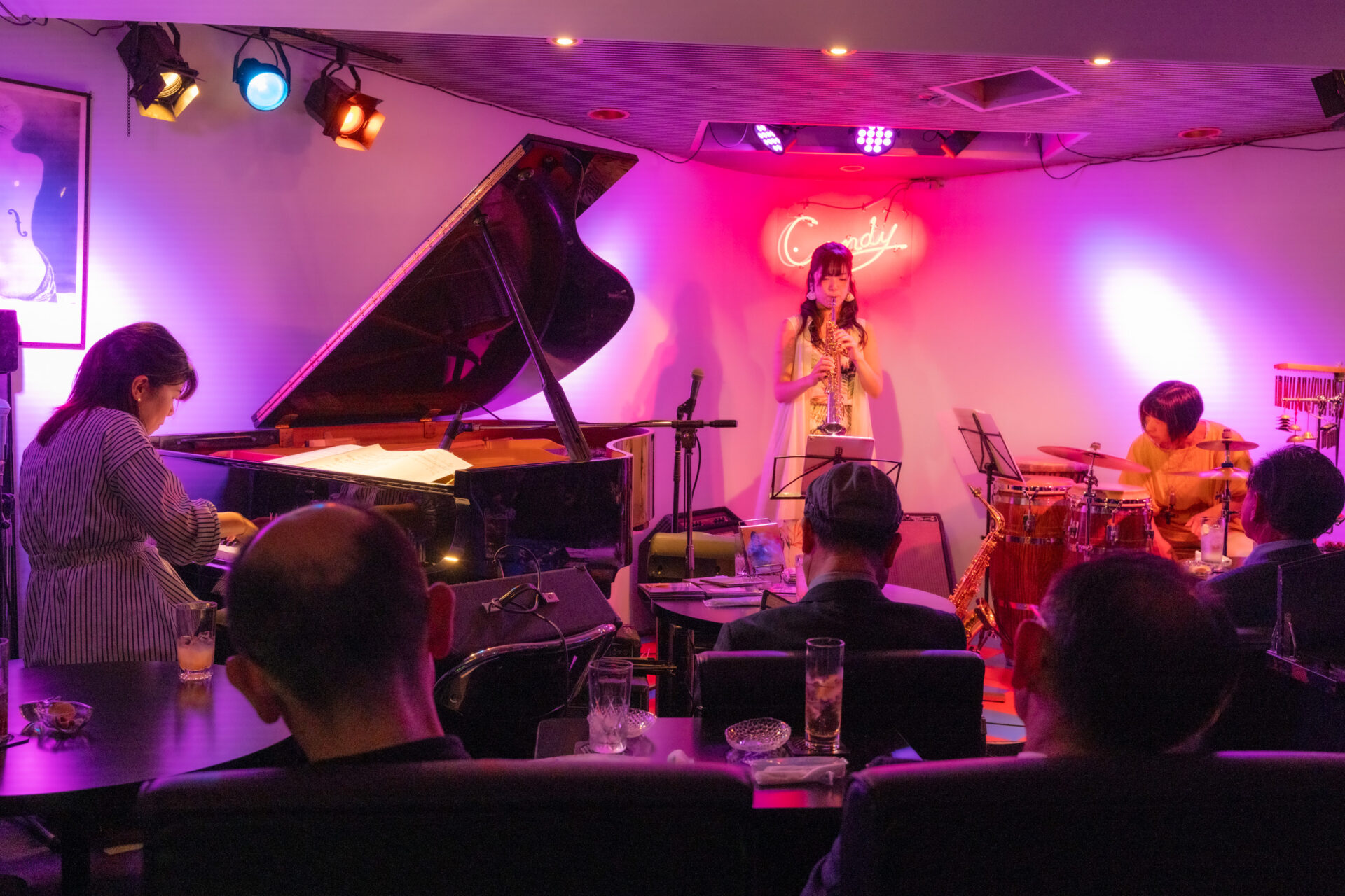 Yuka Yanagihara 柳原由佳 (p), Kotono Nishimura 西村琴乃 (sax), Ayuko Ikeda 池田安友子(percussion) at Candy Jazz Gion in Kyoto 4/17/24